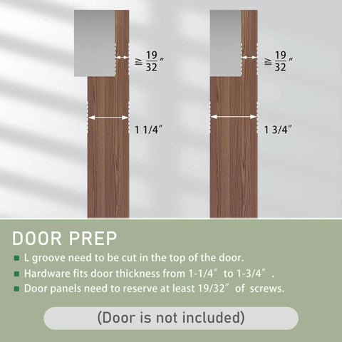 Diagram showing door preparation for Concealed Barn Door Hardware Kit With Soft Close Mechanism And Invisible Wall Mount Aluminum Track For Smooth Operation And Modern Look Suitable For Door Opening Width 24 To 28 Inches Door Not Included Easy Mounting And Durable Construction. (screw reserve 19/32 inches)
