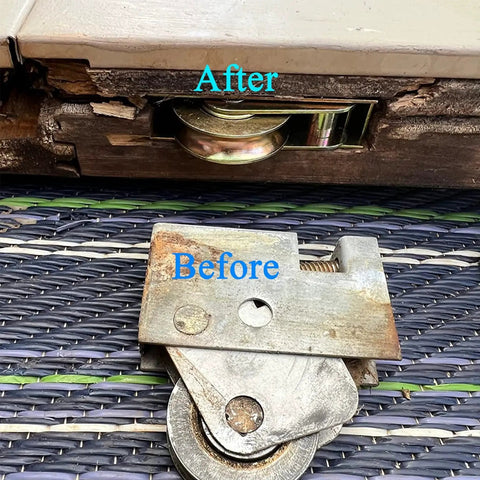 Before and after installation of Two Pack Sliding Patio Door Roller Assembly For Wood Glass Doors Part Number 0C8P0001.