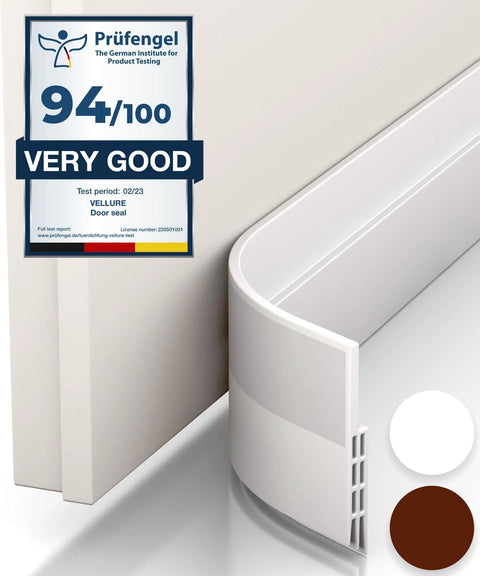 Vellure door draft stopper bottom seal; side view, white unit with white and brown color swatches