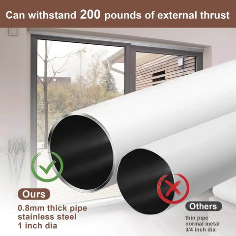 Comparison of two sliding door bars with one-inch diameter, highlighting "Sliding Door Security Bar, 17-50 inch Adjustable Patio Door Security bar with Rubber Tips Apartment Bedroom Bottom of Door Heavy Duty Interior White"
