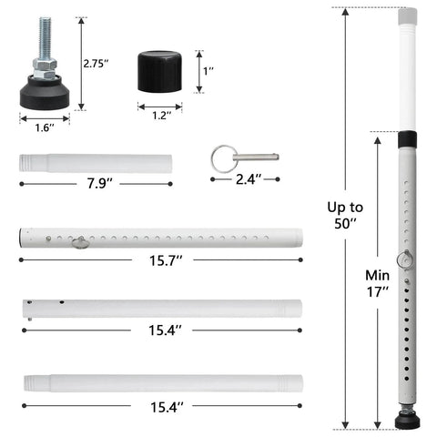 Dimensions of Sliding Door Security Bar, 17-50 inch Adjustable, with rubber tips, demonstrated in multiple parts and measuring tools.