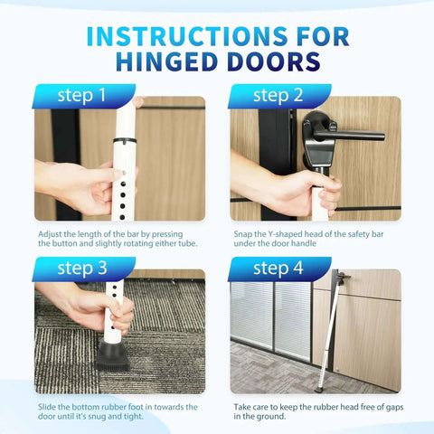Instructions showing how to install the 2 In 1 Door Security Bar And Sliding Door Lock Bar Heavy Duty Adjustable Jammer on a hinged door.