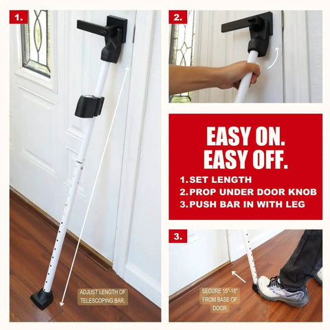 Door Security Bar With Alarm for Enhanced Home Safety showing adjustable installation under door knob