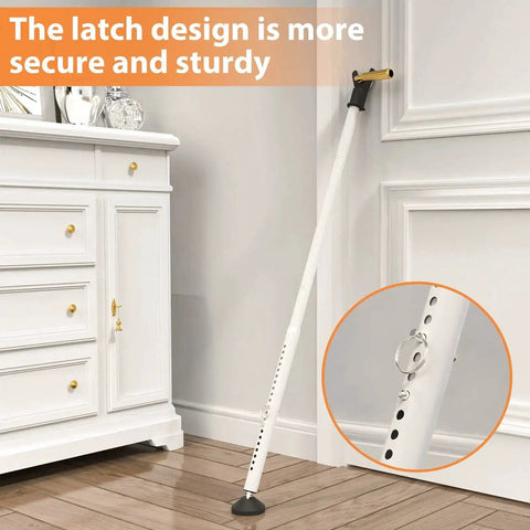 Door Security Bar And Sliding Patio Door Lock Jammer For Patio Doors Windows And Apartments Removable White Security Bar 2 Pack For Home Hotel Room And Travel Adds Extra Protection And Time To Respond, shown installed against a door.