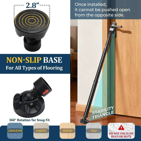 Three In One Door Security Bar installed on door with 2.8 inch non-slip base and stability triangle for secure fit