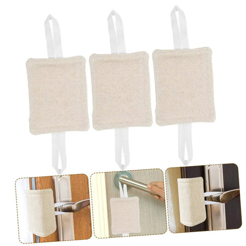 Door damper and slam silencer set reduces noise, prevents slams, protects walls. Three beige cotton silencers with straps.