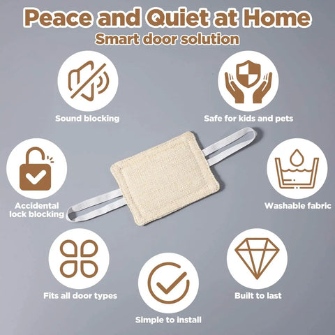 Three Pack Door Silencers For Quiet Close Cushions With Durable Straps And Elastic Bands No More Door Slams Noise Blocker Latch Cover Pads To Help Light Sleepers Sleep Peacefully Through The Night shown with features like sound blocking and washable fabric.