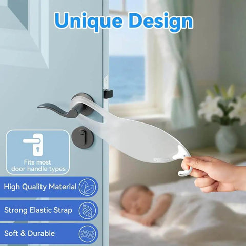2 Pack Quiet Close Door Silencer Cushions for Noise Reduction installed on door handle in nursery with sleeping baby visible