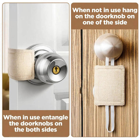 Three Pack Door Silencers For Quiet Close Cushions With Durable Straps And Elastic Bands installed on door knobs