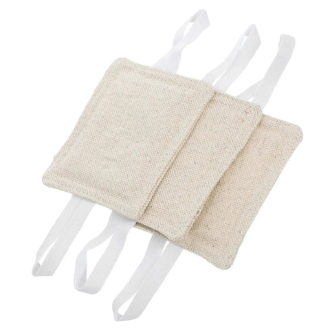 Three beige fabric cushions with straps, part of tool-free door silencers, preventing accidental lockouts with quiet, no-hole installation.