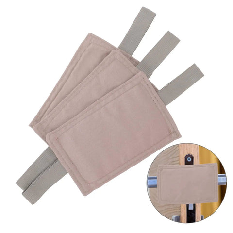 3-Pack soft door silencers and closers with elastic straps shown in neutral tones, including an installed view on a door.