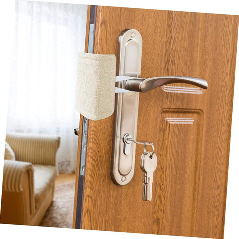 Three Pack Door Silencers Easy Install Door Slam Preventer No Tools Required for Safety shown installed on wooden door handle.