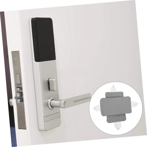 Effortless, tool free door silencer set that cushions slams, reduces noise, and protects wood doors. No drilling required, shown on handle.