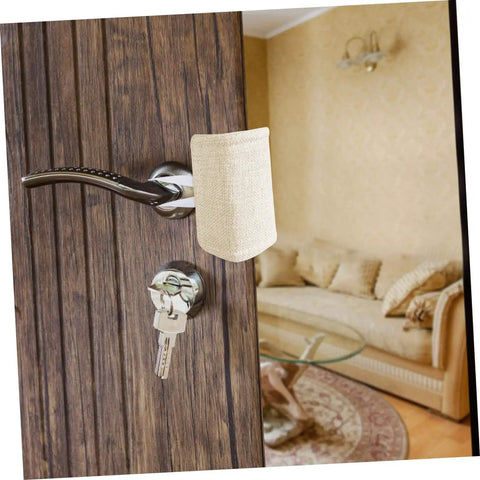 Close-up of door with beige latch cover from Three Piece Door Silencers Set Heavy Duty Slam Stoppers Easy Install Latch Covers for Nursery No Drill Noise Reduction and Quiet Spaces in Homes and Schools.