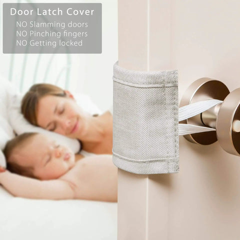 Door Silencer Pad Set For Baby Safety And Peaceful Nights No More Door Slams Cushioned Latch Cover installed on bedroom door
