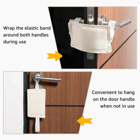 Soft door silencers reduce slams and noise for nurseries, babies, pets and light sleepers, featuring a durable double-layer polyester design that fits all doors and quietly closes without abrupt bangs. Image shows two different applications on door handles.