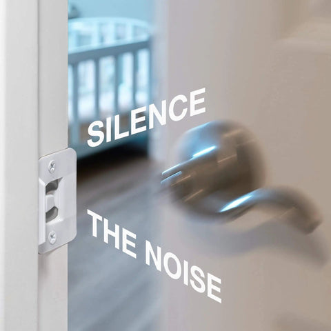 Door Silencer Strike Plate That Quietly Fixes Loud Latches And Stops Slamming, Flexible And Durable, shown installed on a door, white finish, Single Pack.