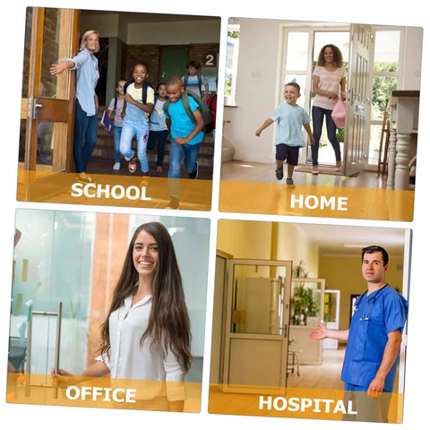 Images showing different building interiors: school entry, home hallway, office space, and hospital corridor.