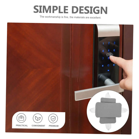 Two door silencers with elastic bands reduce noise and protect doors in nurseries, bedrooms, offices, and libraries