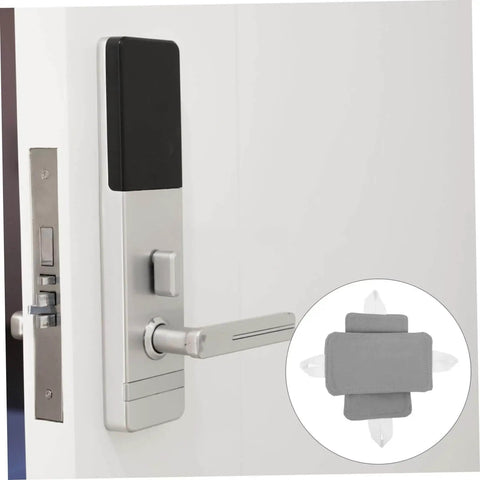 Two-piece door silencers stop slams in nurseries, daycares, bedrooms, and offices; easy no-drill installation shown on door.