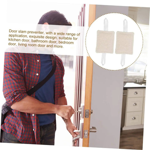 Three door slam stoppers provide quiet, damage-free openings with tool-free installation shown beside closed interior door.