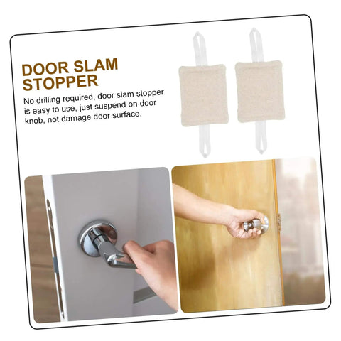 Image showing 3-pack beige door silencers installed on door knobs for quiet, safe closures. Tool-free, non-marking use in rooms.