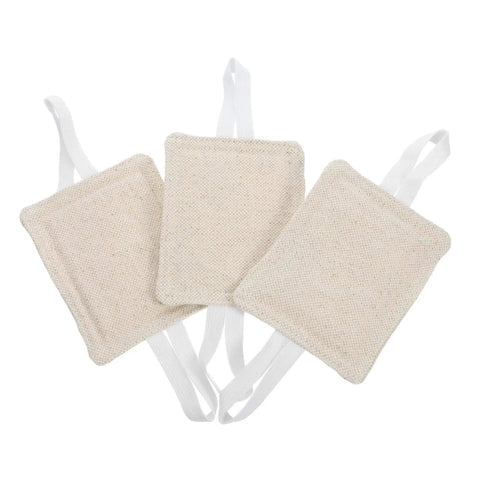 Three beige cotton 12 Piece No Drill Door Slam Stopper Silencers For Toddlers Easy Install, shown with straps