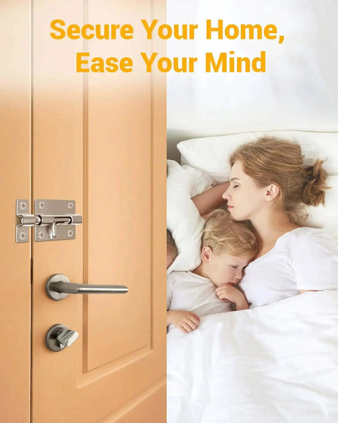 Beefy Heavy Duty Door Slide Latch Lock Kit ensures home security for sleeping family, installed on a door with lock bolt and handle.