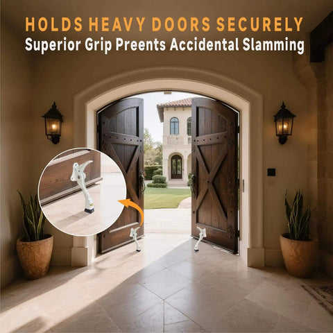 One Touch Semi Automatic Kickdown Door Stop White 4 Inch Adjustable Height Rubber Tip Heavy Duty Door Holder 1 Pack No Fuss Install With Screws Durable Security Stopper For Home Office Commercial Use installed on wooden doors.
