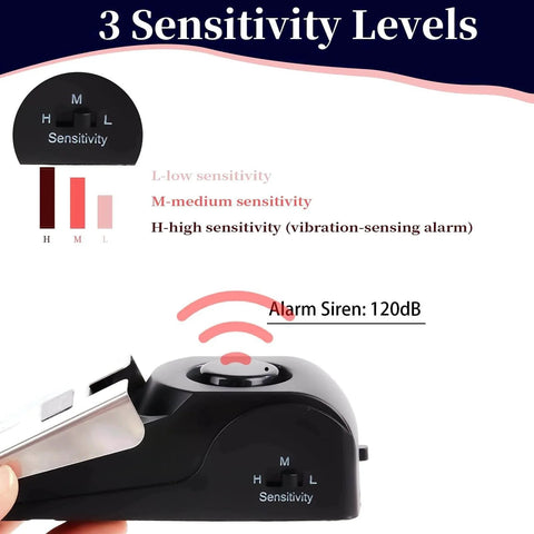 Door Stop Alarm, Door Stopper with 120DB Security Alarm showing 3 sensitivity levels and vibration-sensing feature