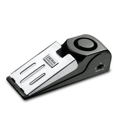 Black door stop alarm with 120DB siren for home and travel, showing top view with sensitivity settings and labeled ENDMAK