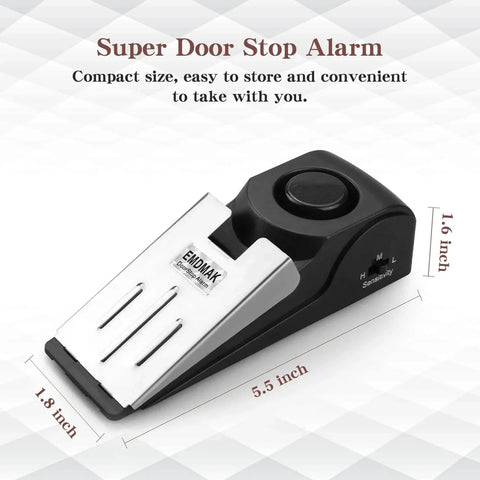Door Stop Alarm with 120DB Siren Door Stop for Home & Travel (Black) (Pack of 2), dimensions labeled, compact and portable design