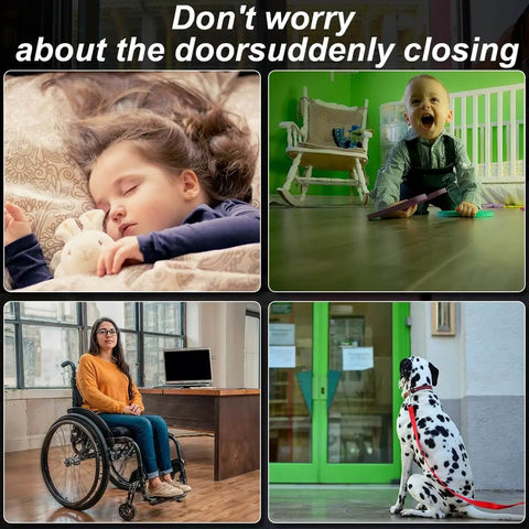 Collage showing a baby crawling, a dog waiting by a door, a person in a wheelchair at a desk, and a child sleeping.