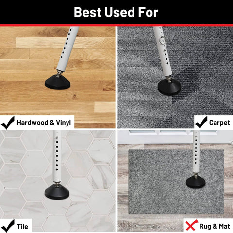 Door Stoppers Security Bar 2 Pack showing usage on hardwood, carpet, and tile surfaces with rubber foot for stability
