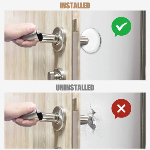 Comparison of a door handle preventing wall damage with and without 8 Pack 2 Inch Door Stoppers For Walls, Clear Rubber Door Handle Bumpers.