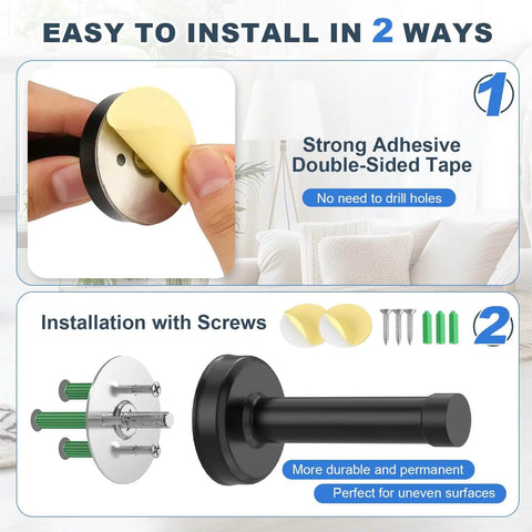 2 Pack No Drilling Door Stoppers With Rubber Padded Tips For Wall Protection, 304 Stainless Steel Sound Dampening Door Stops For Top And Bottom Of Doors, Easy 3M Adhesive Install Or Optional Screws, Black installation options.