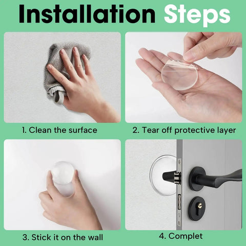 Installation steps for Medium 2 Inch Door Stopper Set Of 6 Heavy Duty Wall Protectors For Door Knobs Quiet Self Adhesive Shield Transparent Clear Wall Guard To Prevent Dents Scuffs And Slams.