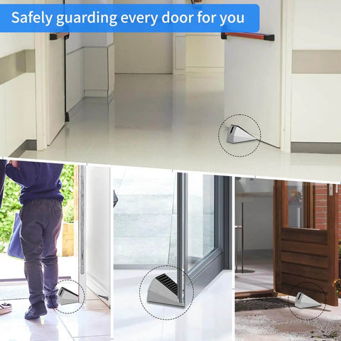 Heavy Duty Door Stopper 3 Inch Tall Adjustable Spring Loaded Door Stop Wedge With Non Slip Rubber Grip Top And Bottom Durable Metal Construction 2 Pack Perfect For Home School Carpet Tile Wood Floors Keeps Doors From Slamming in use