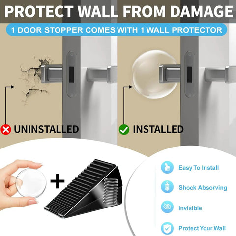 Diagram showing Heavy Duty Door Stopper For Bottom Of Door 3 Inch Tall Adjustable Metal Door Stop With Anti Slip Rubber Grip and wall protector.