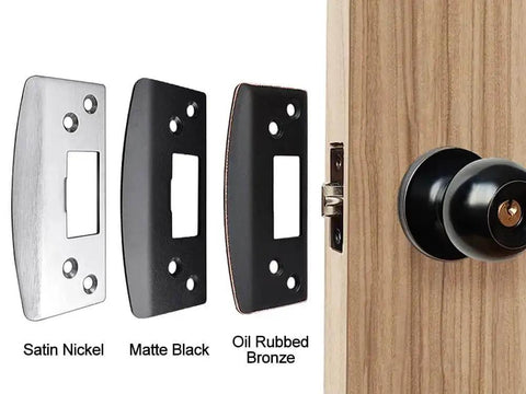 Extra Large Door Strike Plate For Heavy Duty Latch Reinforcement in matte black, satin nickel, and oil rubbed bronze next to a door knob.