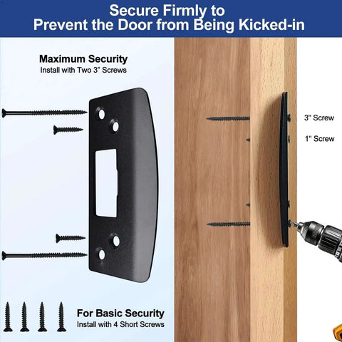 Instructions for installing Extra Large Door Strike Plate For Heavy Duty Latch Reinforcement on a wooden door, showing screws.