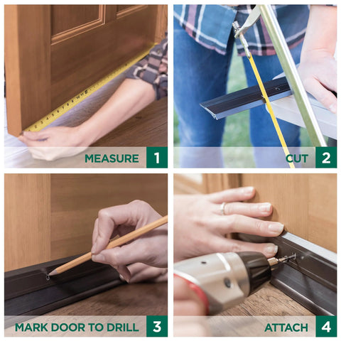 Door sweep by M-D Building Products, 36-inch silver aluminum/vinyl; measuring door bottom.
Door sweep by M-D Building Products, 36-inch; side view with cut-to-length metal track.
Door sweep by M-D Building Products; marking door to drill with pencil along the track.
Door sweep by M-D Building Products; attaching with drill screws into the door bottom.