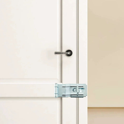 3-1/2 Inch Swivel Staple Safety Hasp With Twist Knob Lock installed on door, made of heavy-duty zinc plated steel, padlock compatible, 4 pack