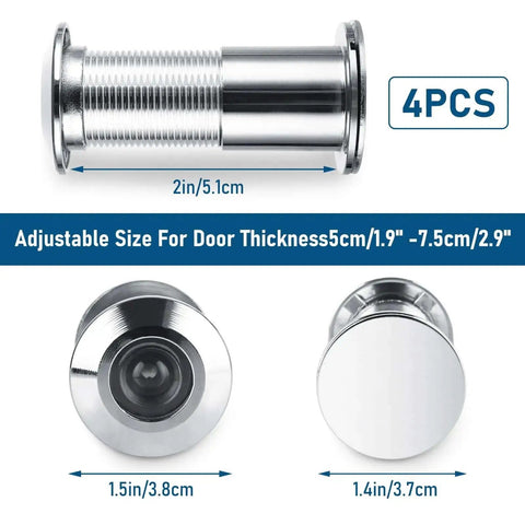 4 Pack 220 Degree Door Viewers Peep Holes With HD Lens, shown adjustable for 2-3 inch doors, features heavy duty privacy cover.