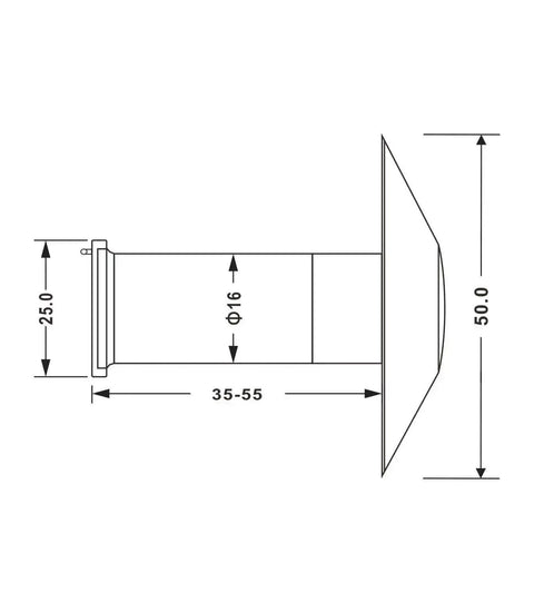 Technical diagram of door viewer peephole detailing dimensions 50mm x 25mm, fits doors 35-55mm, satin gold brass with privacy cover.