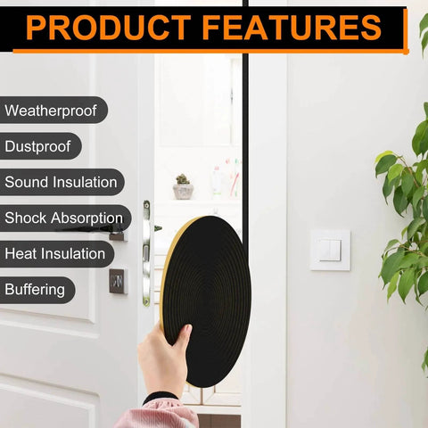 Product features of 33Ft Door Weather Stripping, (1/2in x 1/4in), Strong Adhesive, Sound Proof, displayed against a door
