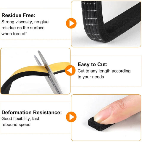 Features of 33Ft Door Weather Stripping, (1/2in x 1/4in), strong adhesive, showing residue-free, easy to cut, and deformation resistance.