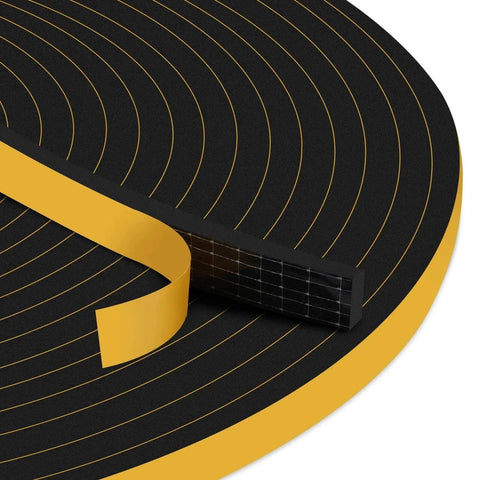 Close-up of black and yellow 33Ft Door Weather Stripping, (1/2in x 1/4in), Strong Adhesive, Weatherproof Foam Tape roll for insulation.