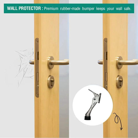 One Touch Kickdown Door Stopper, Door Holder, showcasing rubber bumper protection on a door; product inset displayed, Satin Nickel 4 inch.