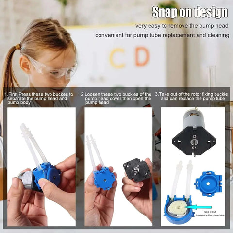 Step-by-step assembly of 2PCS 12V DC Dosing Pump Peristaltic Dosing Head Low Flow Peristaltic Pump Liquid Small with Connector for Aquarium Lab Analytic Blue.